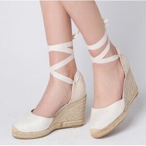 Espadrille Wedge Sandals Women's Cream Canvas Lace Up Ankle‎ Straps